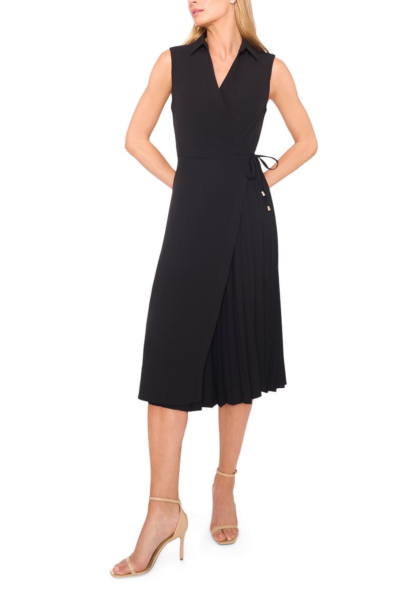 Pleated Faux Wrap Front Midi Dress, Main, color, RICH BLACK