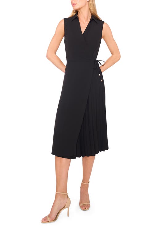 Pleated Faux Wrap Front Midi Dress