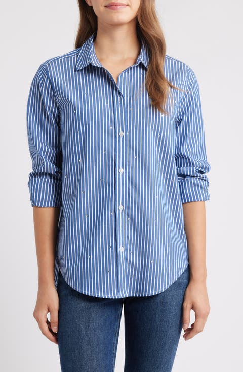 Lynden Embellished Stripe Cotton Blend Button-Up Shirt