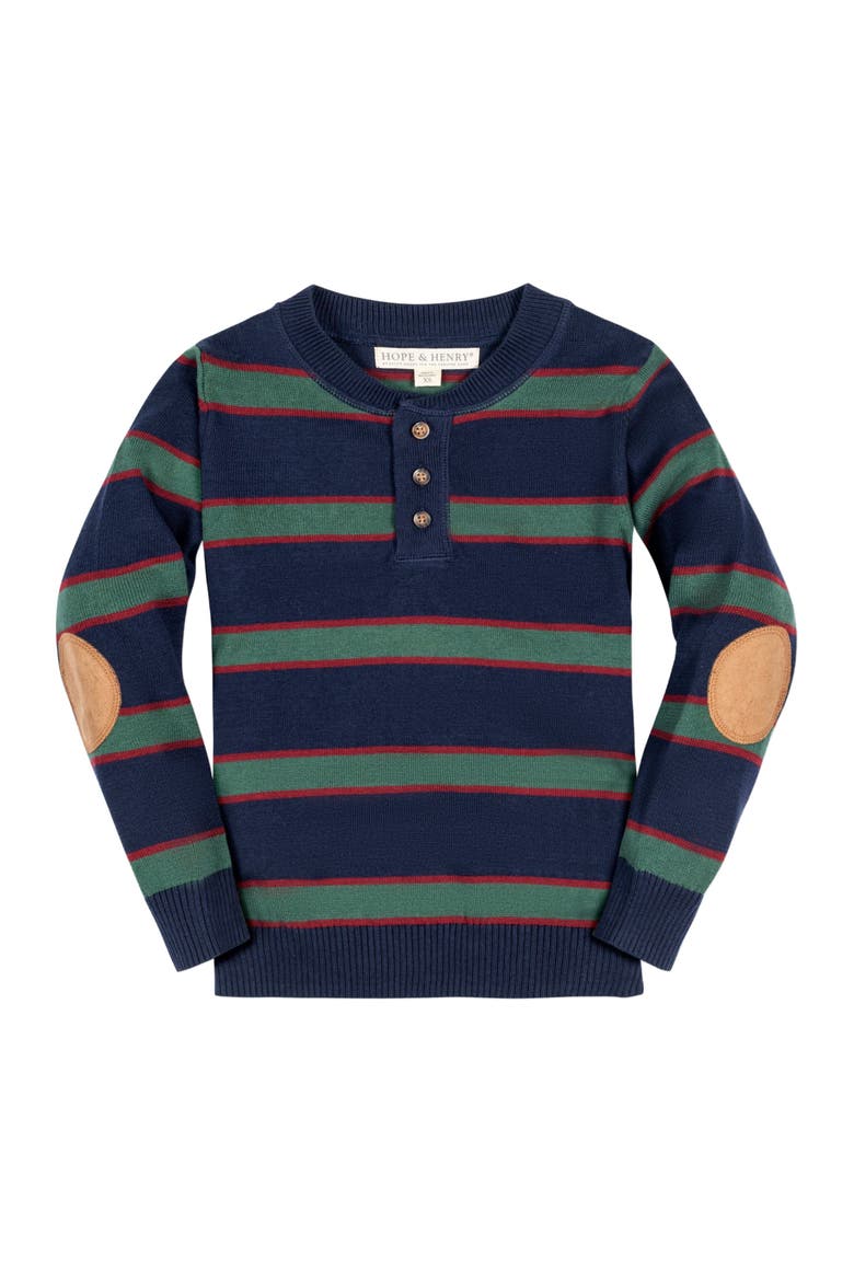 Boys' Organic Sweater Henley with Elbow Patches, Kids, Main, color, Navy Collegiate Green Stripe