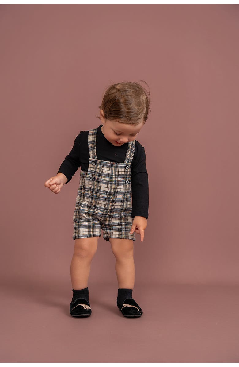 Charlotte & George Plaid Short Overall with Strap Closure, Alternate, color, Black