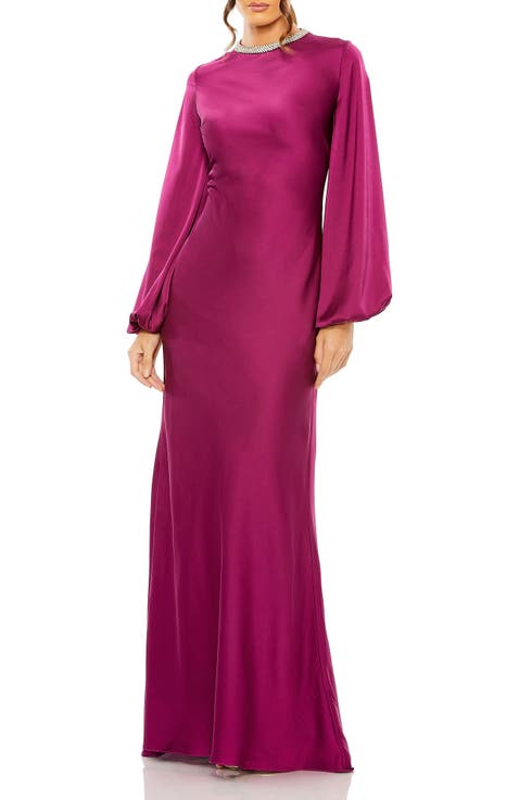 Beaded High Neck Bishop Sleeve Satin Gown