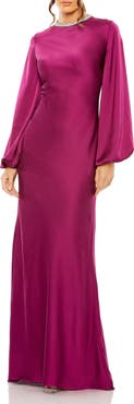 Mac Duggal Beaded High Neck Bishop Sleeve Satin Gown