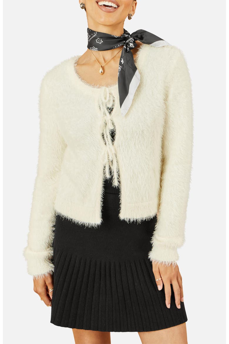Eyelash Fluffy Tie Front Bolero, Alternate, color, Ivory