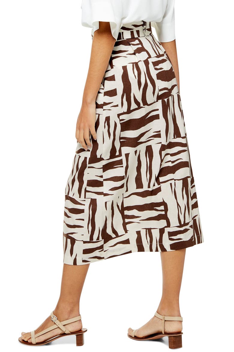 Zebra Print Linen Blend Midi Skirt, Alternate, color, BROWN MULTI