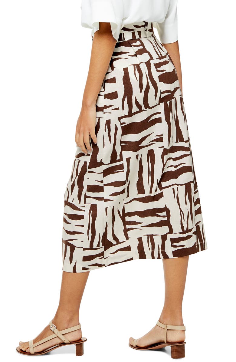 Topshop Zebra Print Linen Blend Midi Skirt, Alternate, color, 
