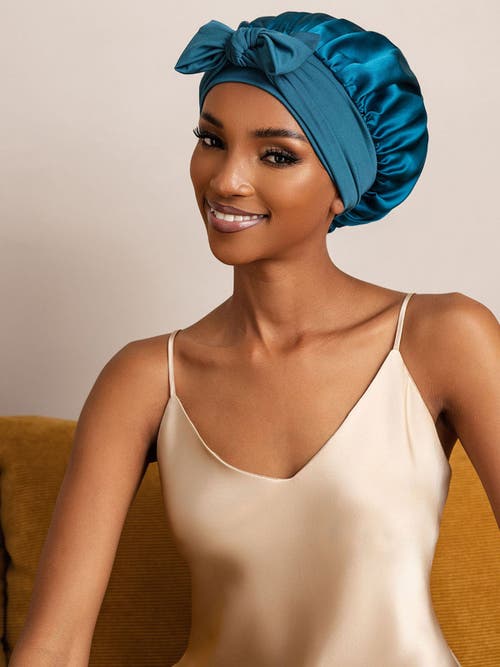 Silksilky Pure Silk Bowknot Tie Bonnet In Blue