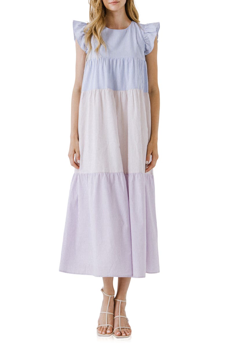 English Factory Stripe Colorblock Tiered Maxi Dress, Main, color, Multi