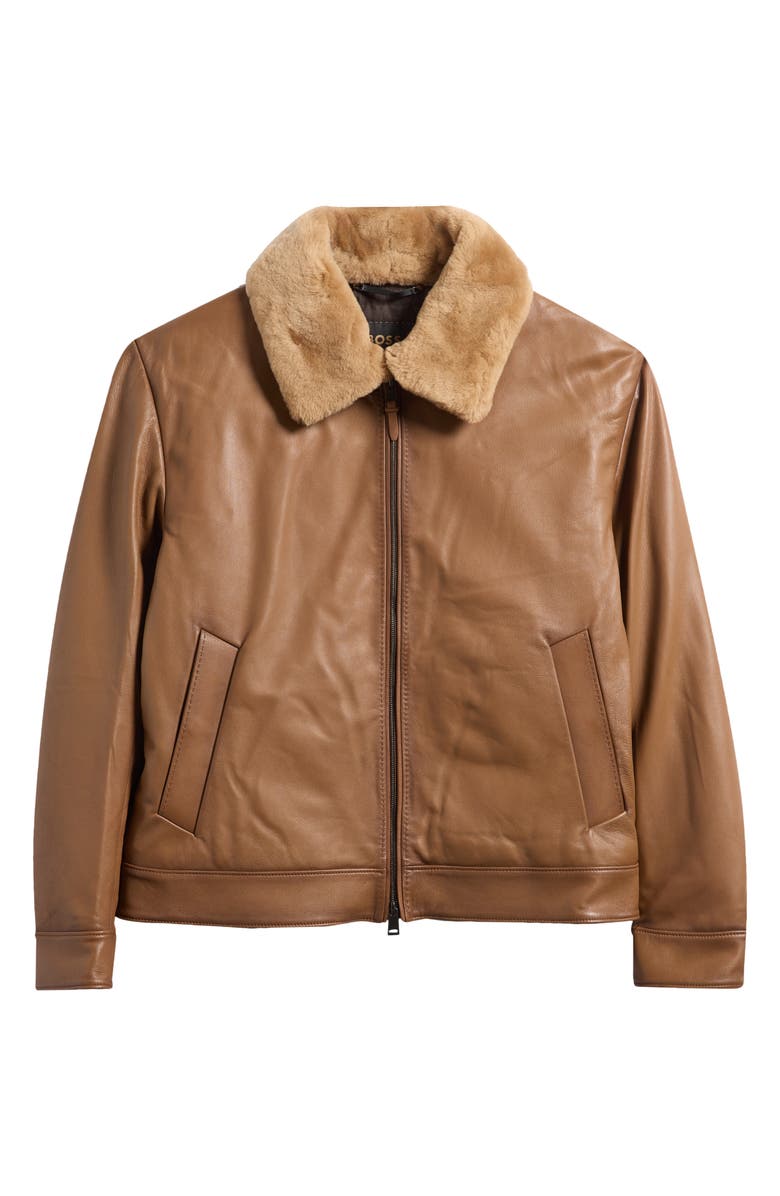 BOSS Mury Down Fill Leather Jacket with Removable Genuine Shearling Collar, Alternate, color, Medium Brown