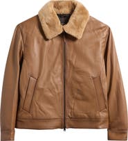 BOSS Mury Down Fill Leather Jacket with Removable Genuine Shearling Collar