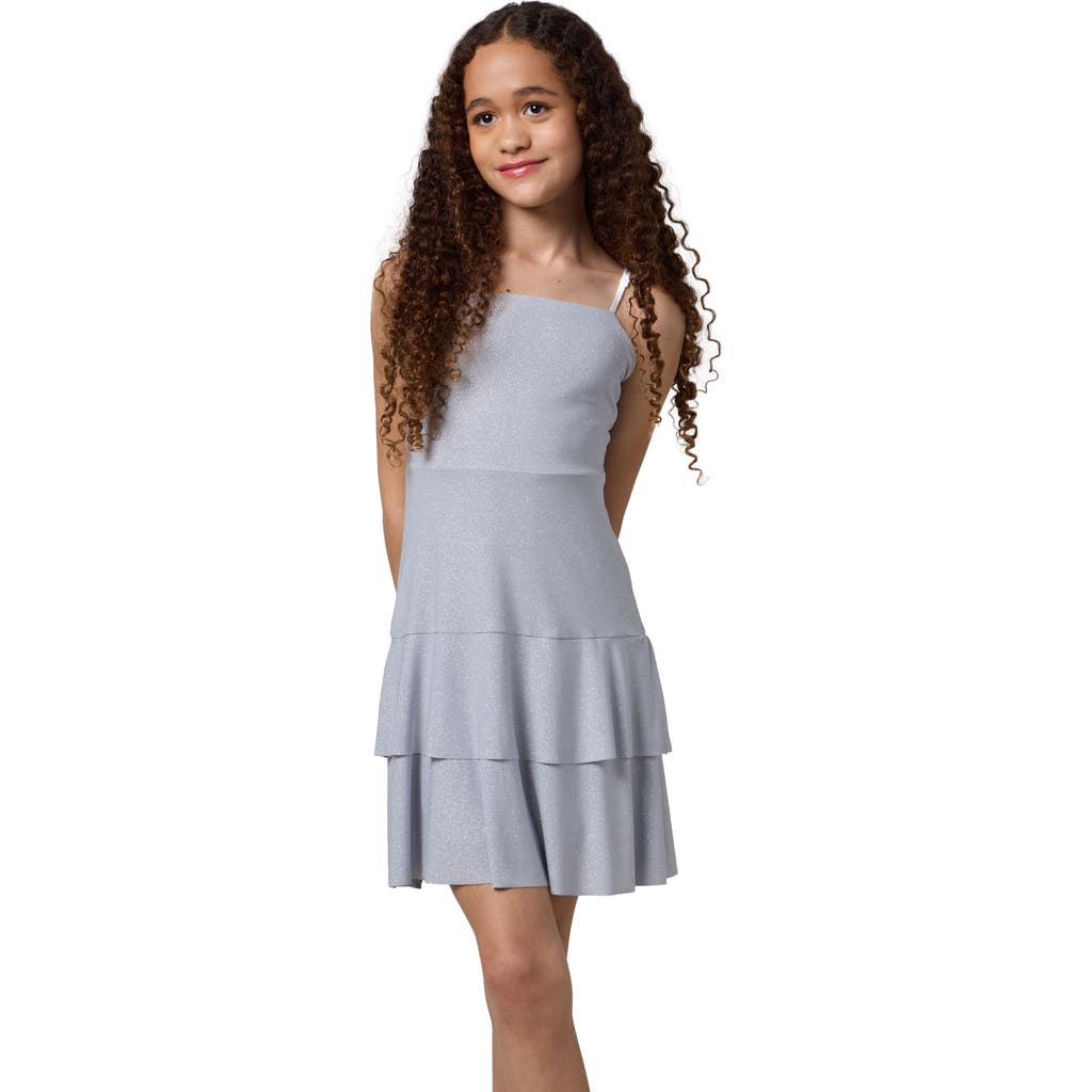 Un Deux Trois Glitter Bow Back Tiered Dress In Gray