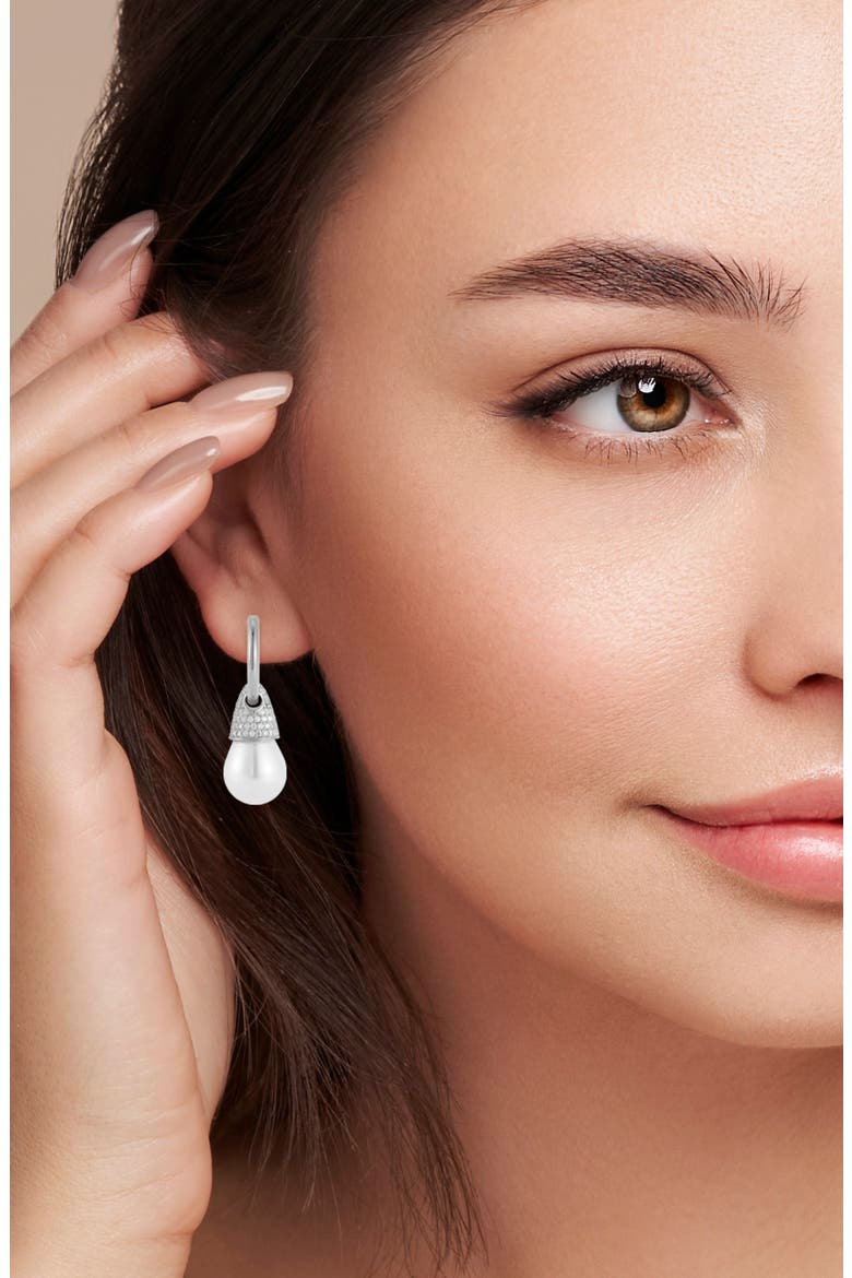 Cultured Pearl Drop Huggie Hoop Earrings, Alternate, color, SILVER