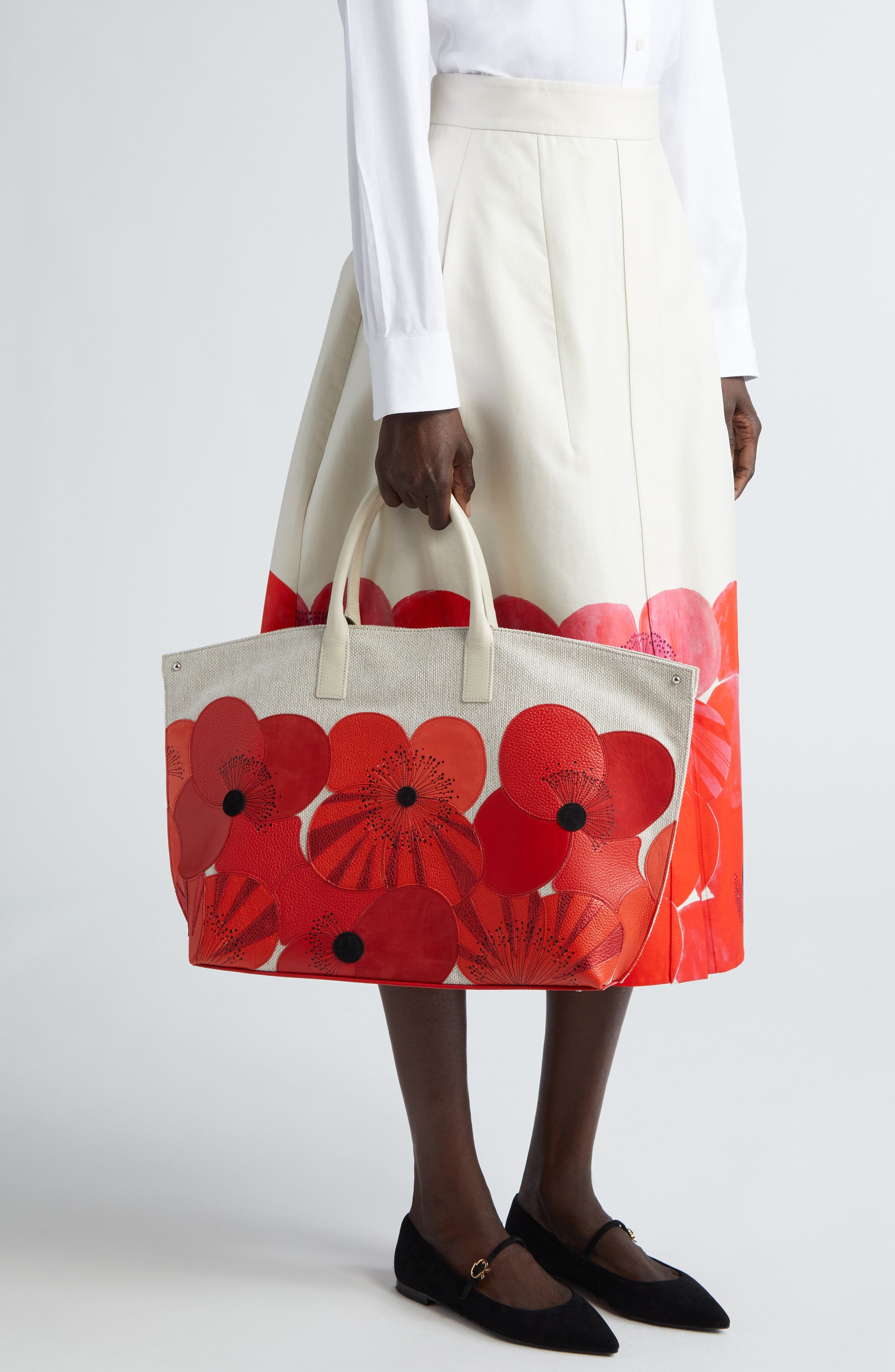 Akris Medium AI Poppies Leather & Canvas Convertible Tote, Alternate, color, 