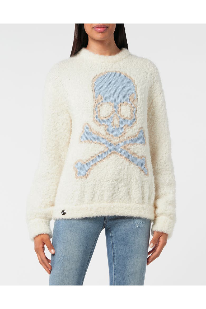 Pullover Round Neck Skull&Bones Women, Main, color, cream+lightblue