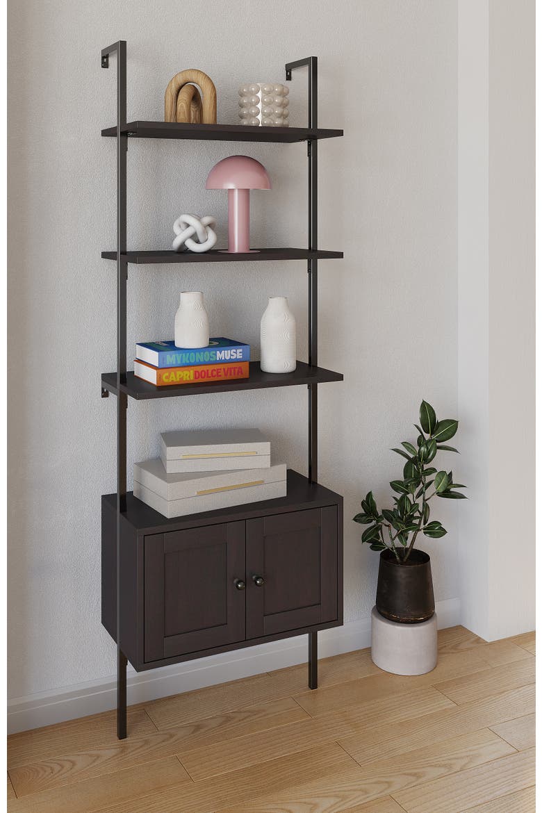 Tulare MidCentury Industrial 4-Shelf Wood Wall-Mounted Open Ladder Bookcase with Cabinet and Metal Frame, Alternate, color, Black