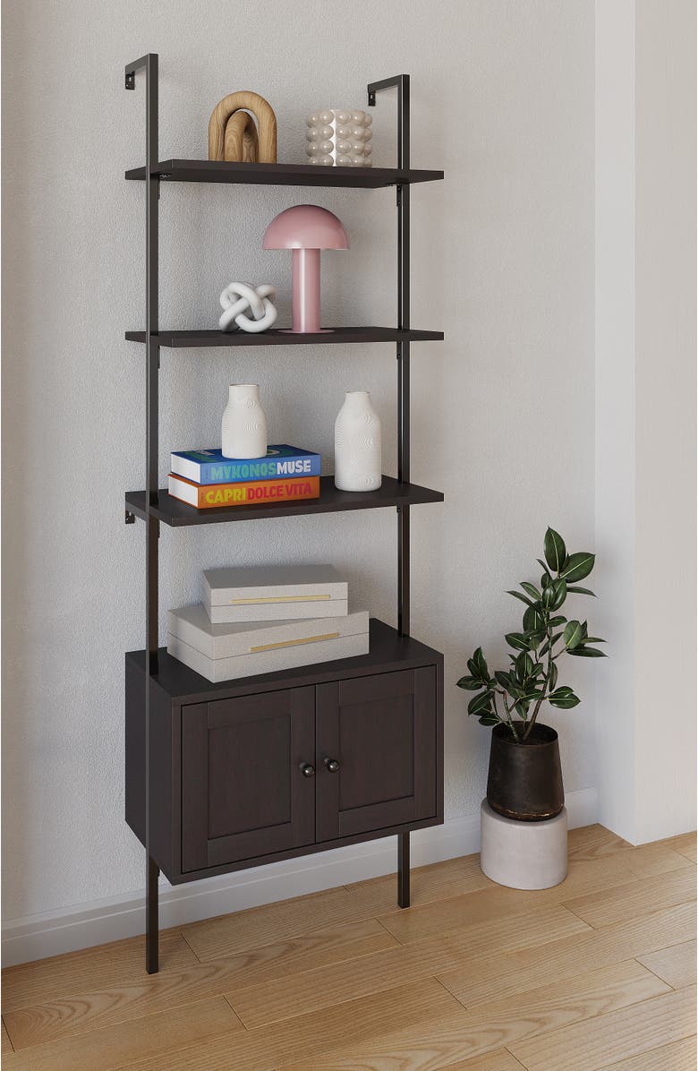 HAPPIMESS Tulare 72.05" MidCentury Industrial 4-Shelf Wood Wall-Mounted Open Ladder Bookcase with Cabinet and Metal Frame, Alternate, color, Black