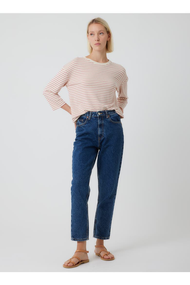 French Terry Novelty Stripe Three-Quarter Sleeve Crewneck, Alternate, color, VERMILLON