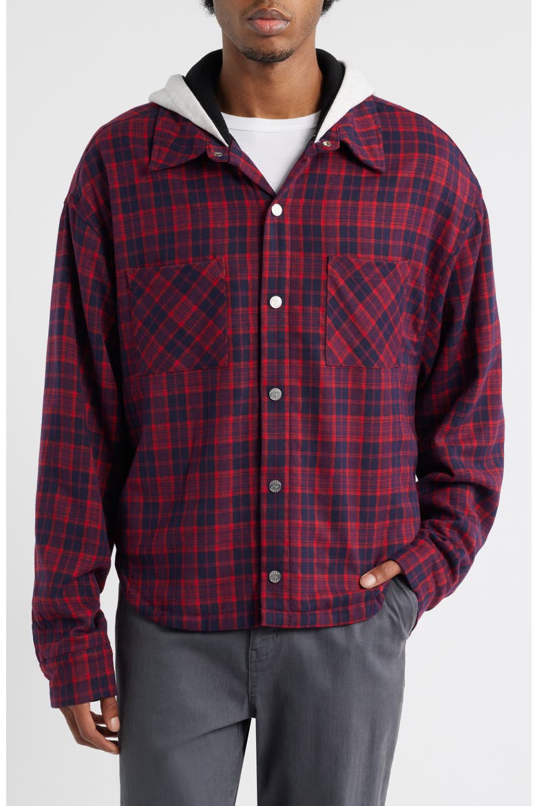 Eagle Hooded Plaid Snap-Up Flannel Shirt Jacket, Alternate, color, RED/NAVY