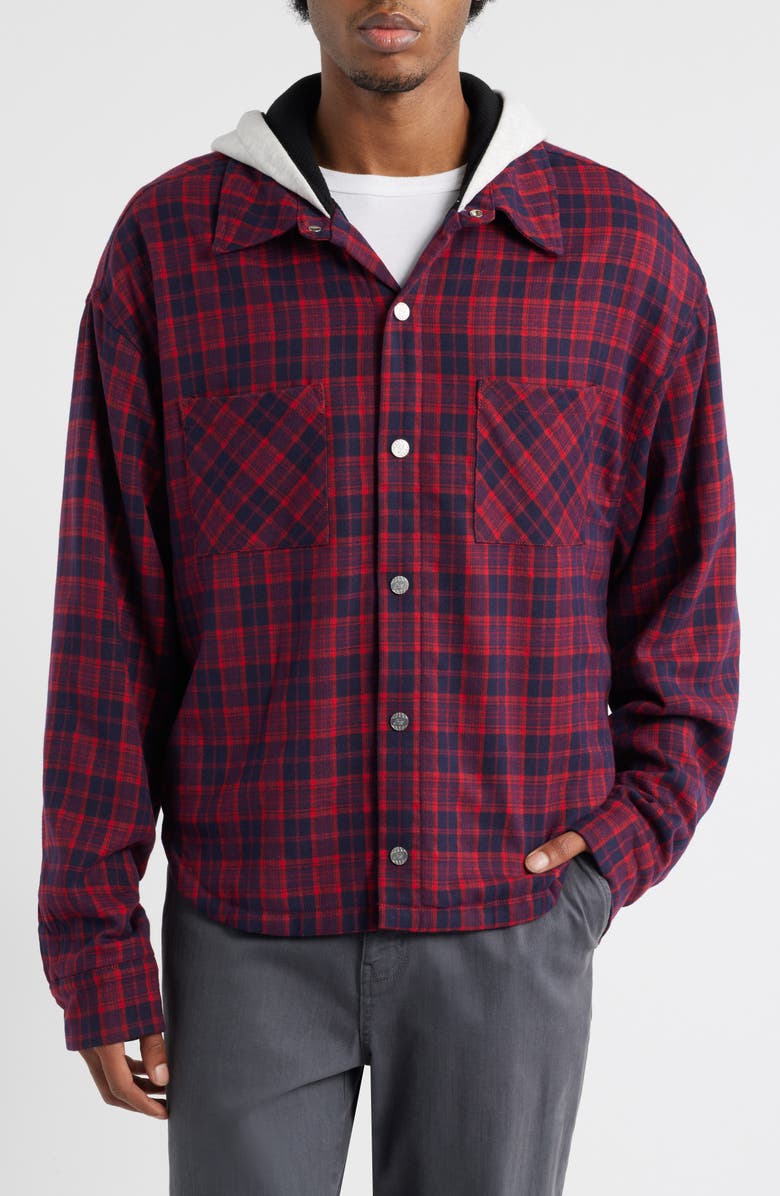 DIET STARTS MONDAY Eagle Hooded Plaid Snap-Up Flannel Shirt Jacket, Alternate, color, Red/Navy