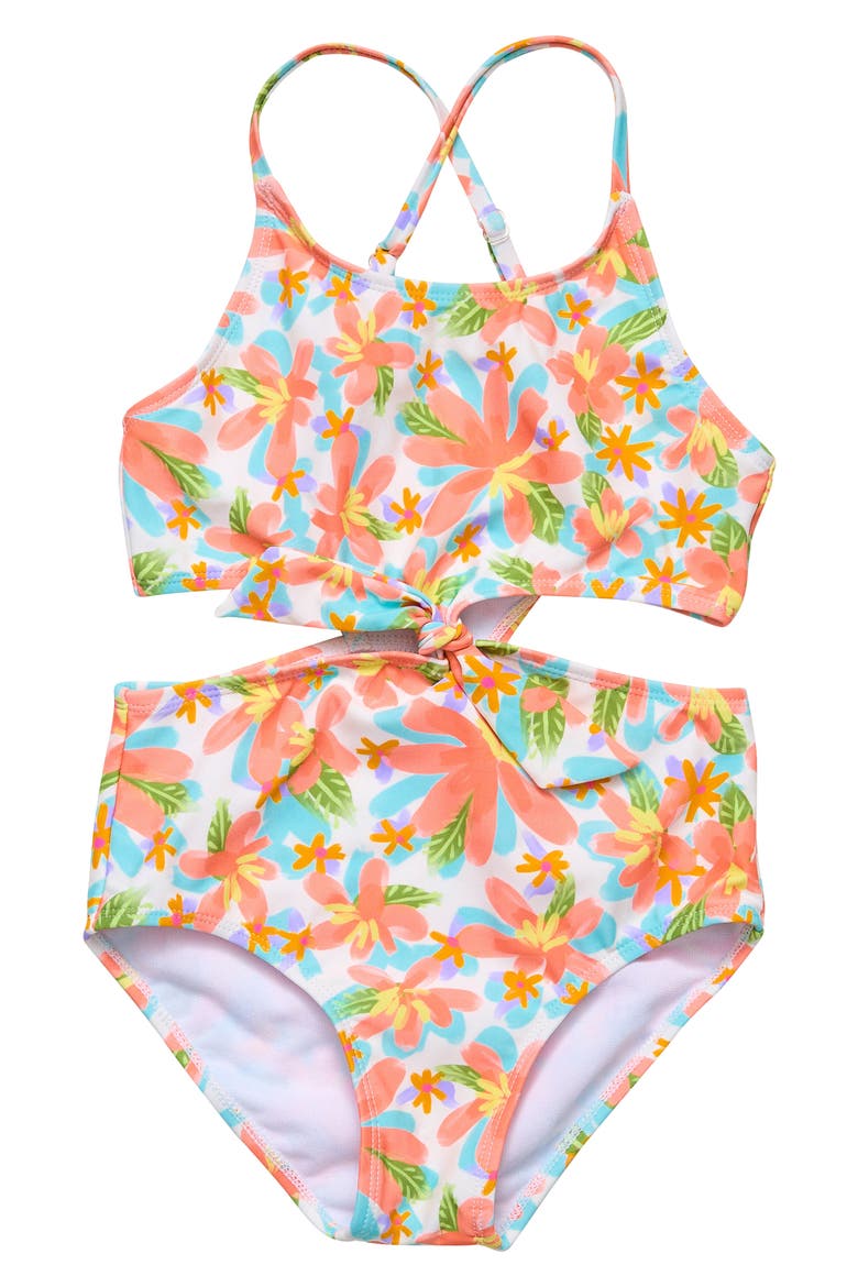 Kids' Tropical Print Cutout One-Piece Swimsuit, Main, color, MULTI