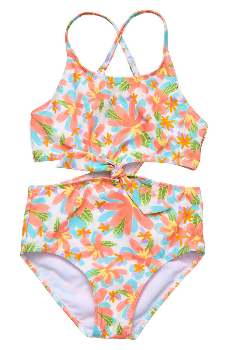 Snapper Rock Kids' Tropical Print Cutout One-Piece Swimsuit, Main, color, Multi