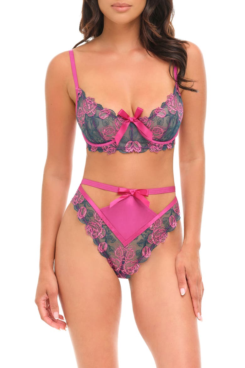 Rosie Embroidered Underwire Bra & Thong Set, Main, color, ROSE GARDEN/ ROSE VIOLET