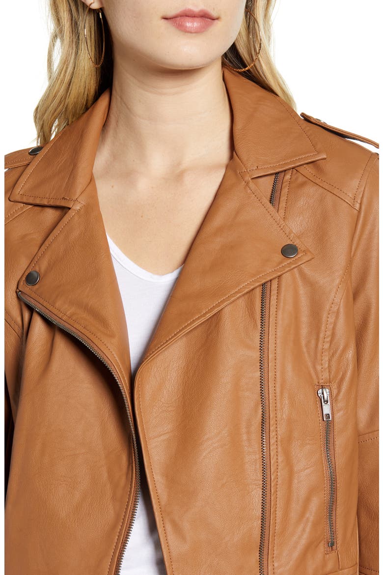 Faux Leather Moto Jacket, Alternate, color, DARK CAMEL