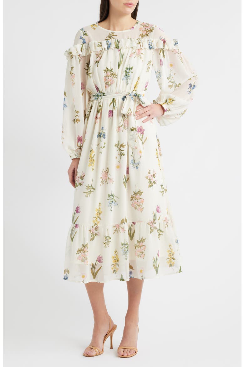 Printed Ruffle Long Sleeve Tie Belt Chiffon Midi Dress, Main, color, CREAM MULTI