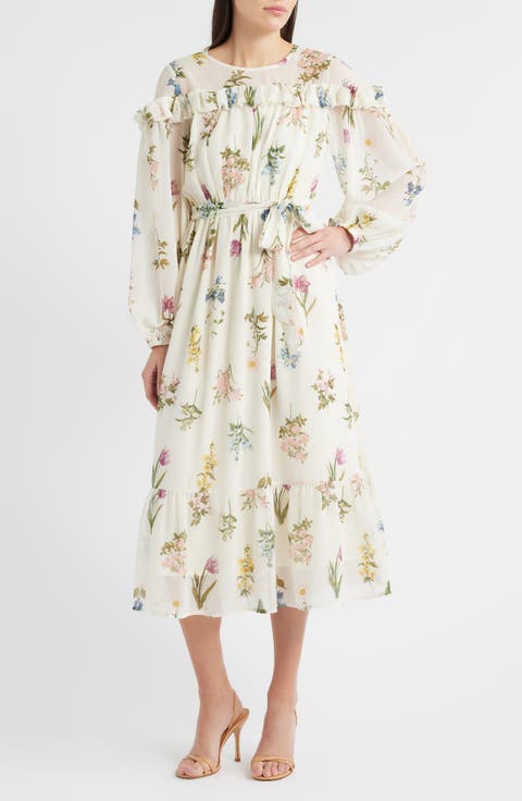 Printed Ruffle Long Sleeve Tie Belt Chiffon Midi Dress