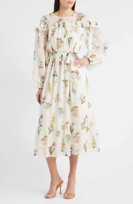 Printed Ruffle Long Sleeve Tie Belt Chiffon Midi Dress
