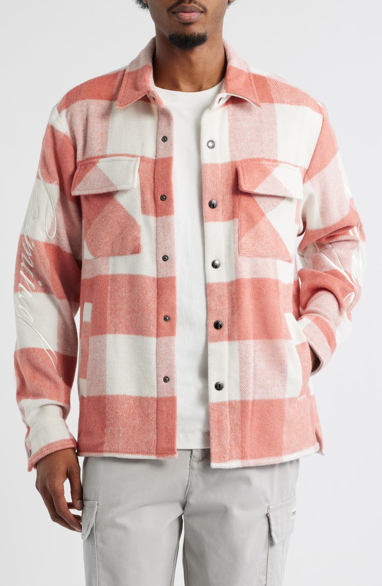 CRIMINAL DAMAGE Embroidered Plaid Flannel Snap-Up Shirt, Main, color, 