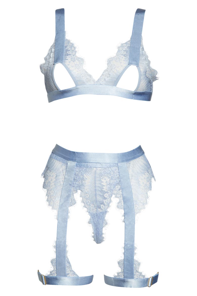 Open Cup Bralette, High Waist Panties & Suspenders Set, Alternate, color, BRUNNERA BLUE