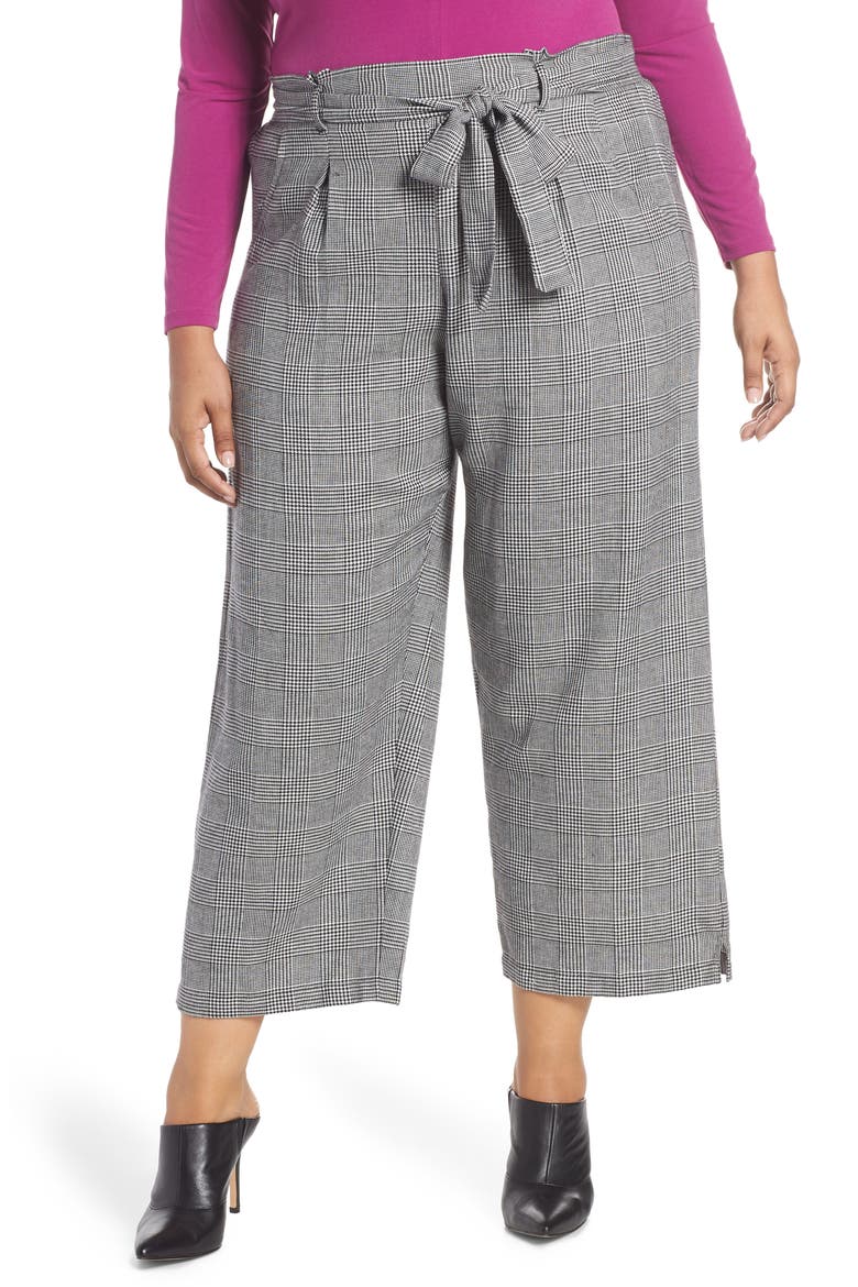 High Rise Paperbag Waist Glen Plaid Pants, Alternate, color, BLACK/ WHITE