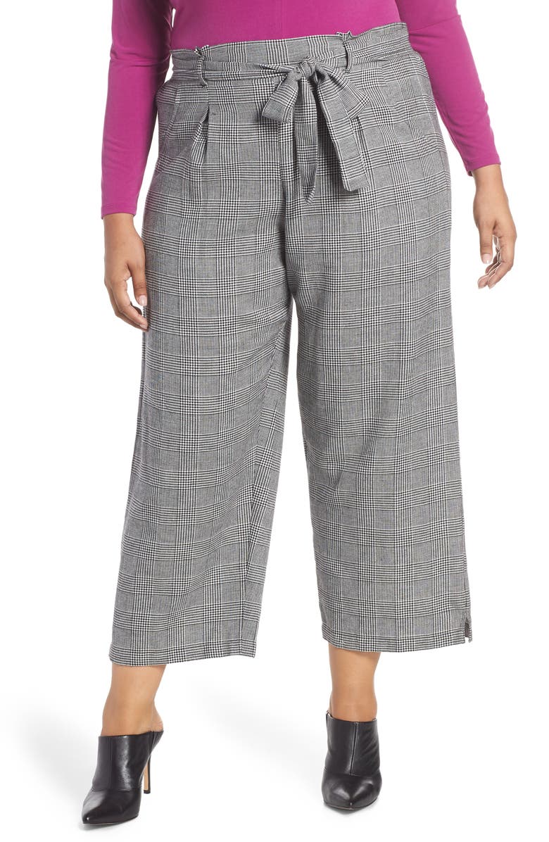 Angie High Rise Paperbag Waist Glen Plaid Pants, Alternate, color, 