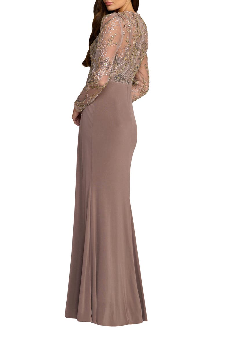 Embroidered Long Sleeve Jersey Evening Gown, Alternate, color, Golden Brown