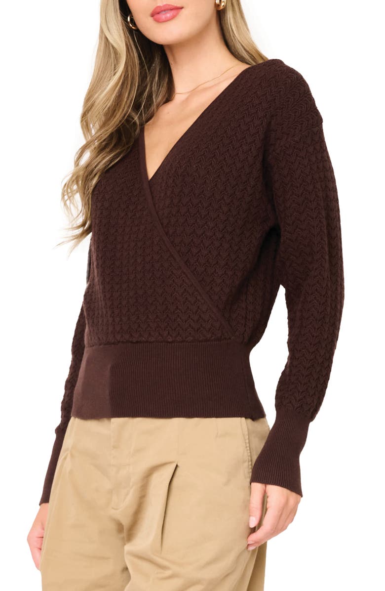 GIBSONLOOK Surplice V-Neck Cotton Blend Pointelle Sweater, Alternate, color, Espresso