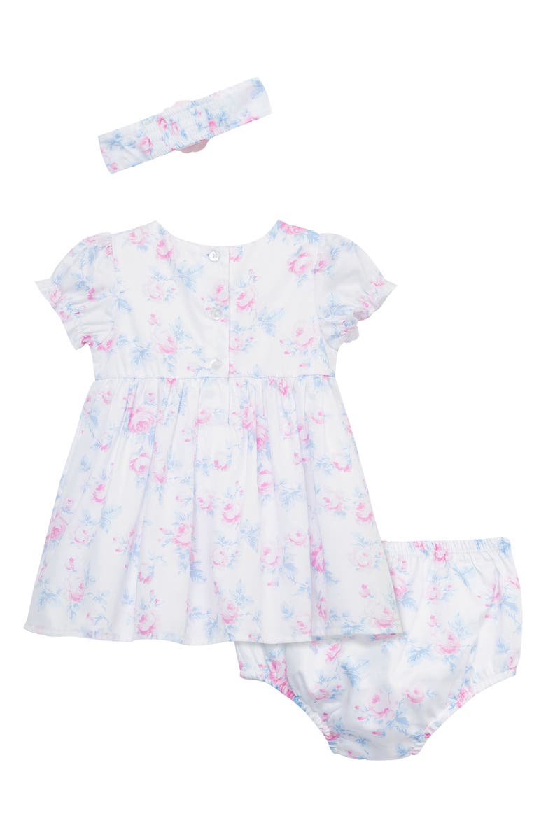 Little Me Roses Smocked Puff Sleeve Party Dress, Bloomers & Headband Set, Alternate, color, Rose
