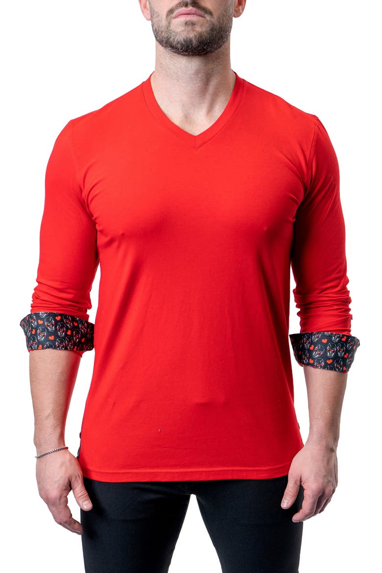 Edison Frenchie Red V-Neck Long Sleeve T-Shirt, Main, color, RED