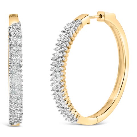 14K Yellow Gold Plated .925 Sterling Silver 1.0 Cttw Baguette Diamond Hoop Earrings