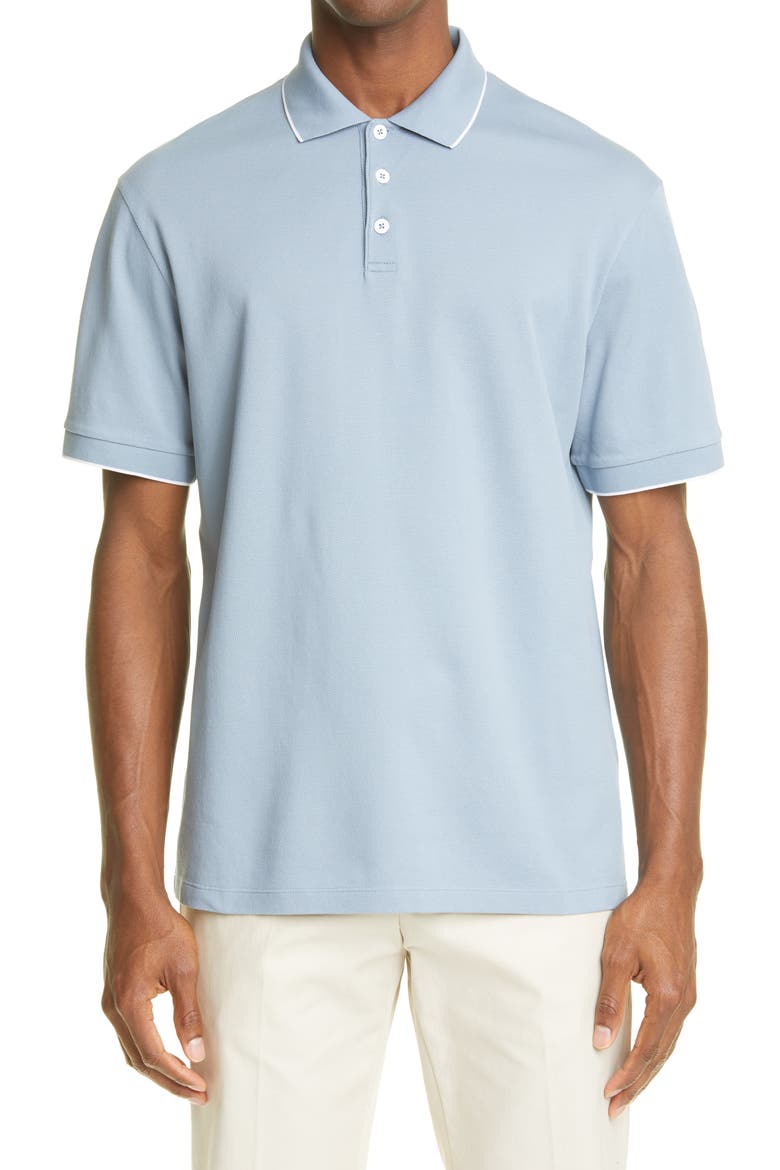 Tipped Short Sleeve Cotton Polo, Main, color, BLUE GREY