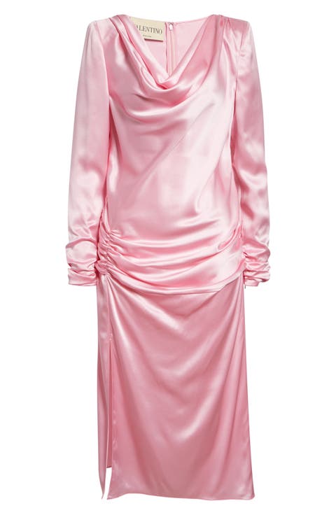 Draped Long Sleeve Silk Satin Dress