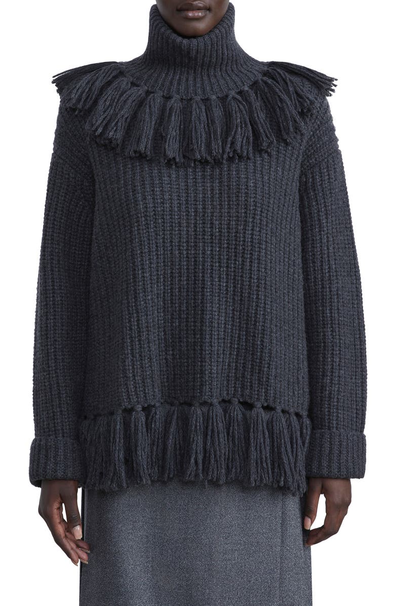 Lafayette 148 New York Fringe Detail Cashmere Turtleneck Sweater, Main, color,