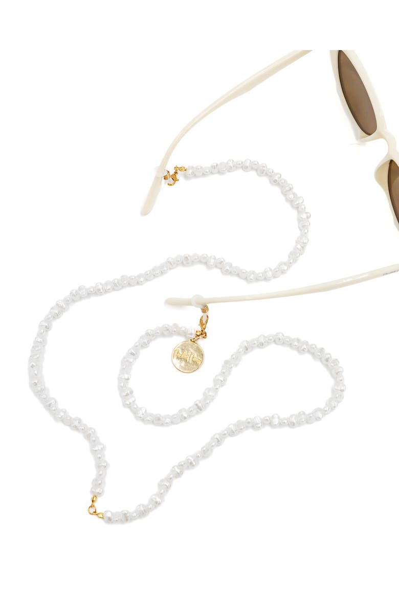 Sunny Daze Cat Eye Sunglasses and Pearl Shell Chain Set - White Cat Eye with Freshwater Pearl Chain, 1.75x5.75 Inch Sunglasses with 31.5 Inch Chain, Alternate, color, White