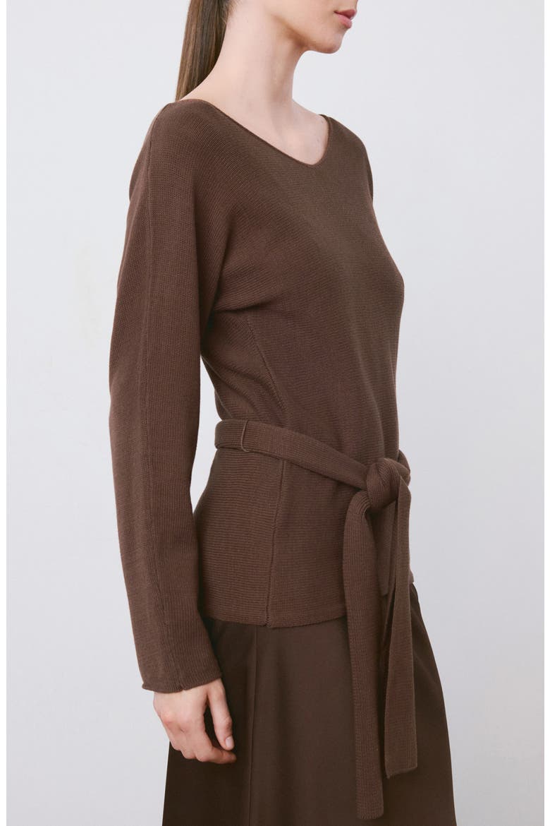 Long Sleeve Belt Sweater, Main, color, CHOCOLATE