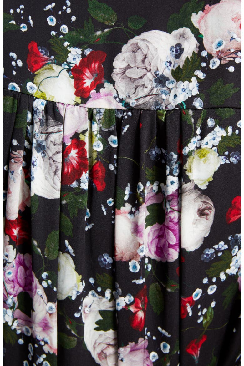 Ruffle Detail Floral Print Satin Midi Dress, Alternate, color, BLACK/ MULTI