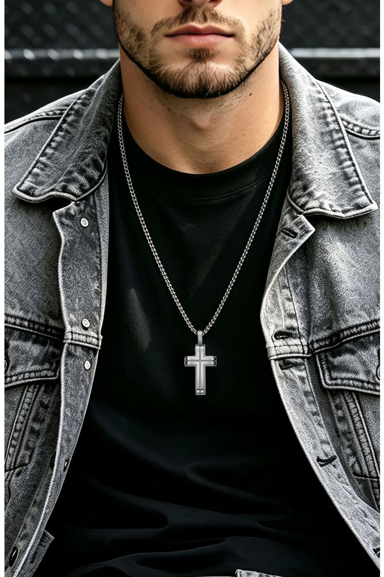 Men's Inlay Cross Pendant Necklace, Alternate, color, SILVER
