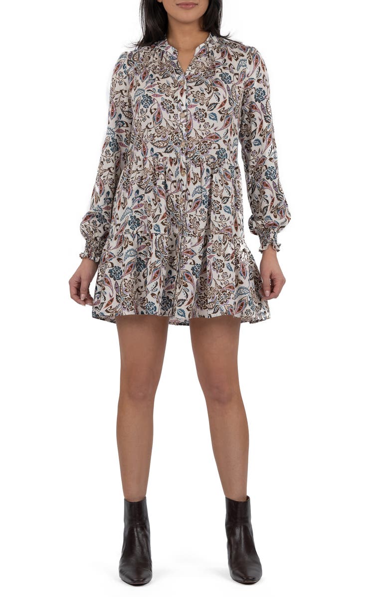 KUT from the Kloth Tallulah Tiered Long Sleeve Dress, Main, color, Ivory/ Brown