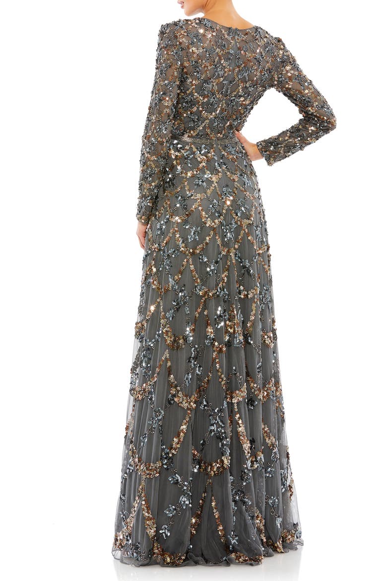 Embellished Illusion High Neck Long Sleeve A Line Gown, Alternate, color, CHARCOAL