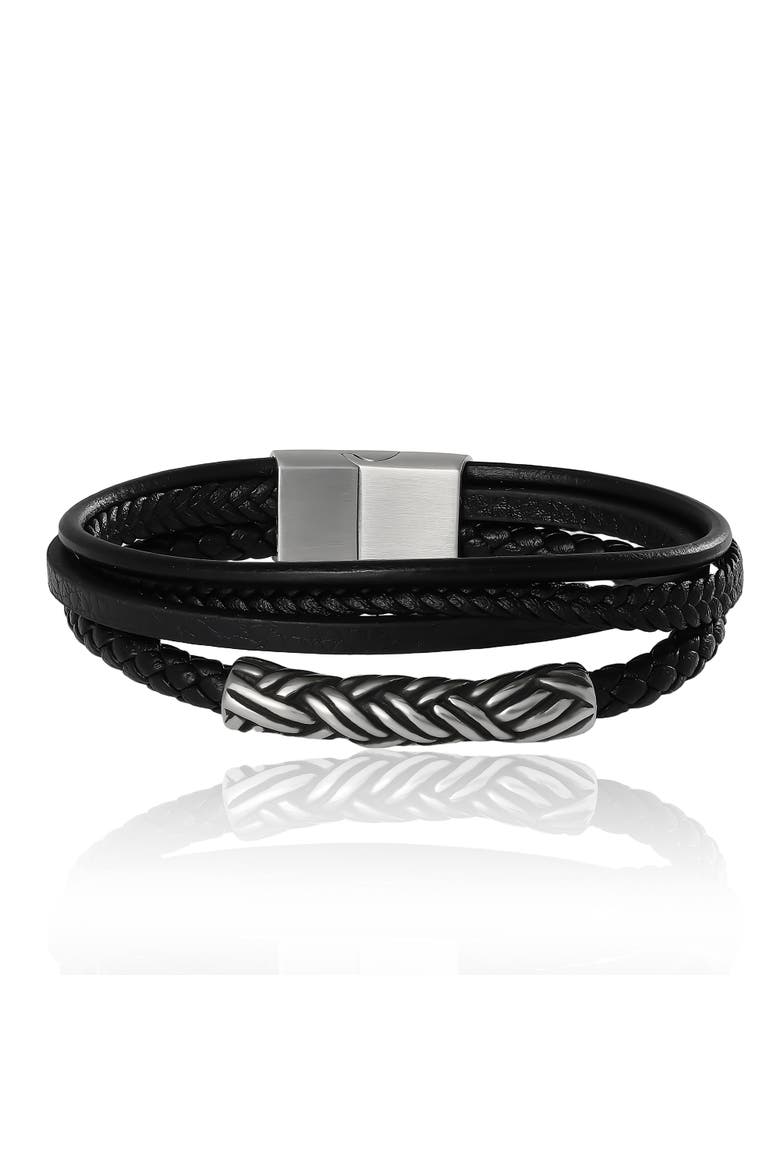 Men's Multi-Row 8'' Bracelet with Braided Barrel, Black, Magnetic Clasp, Main, color, Black