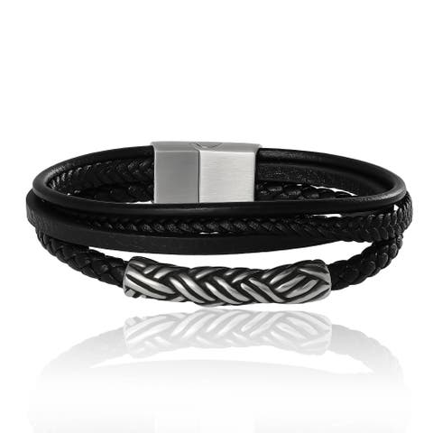 Men's Multi-Row 8'' Bracelet with Braided Barrel, Black, Magnetic Clasp